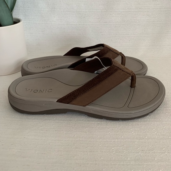 New Vionic Dennis Brown Leather Orthotic Flip Flop Sandals Men’s 8 - Picture 3 of 16
